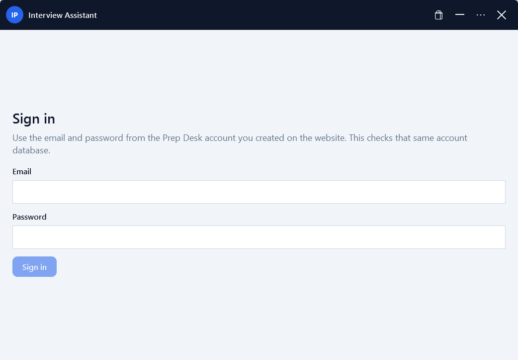 Interview Assistant sign-in screen with Email and Password fields
