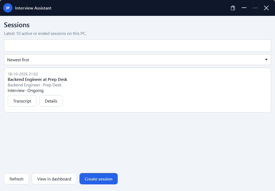 Sessions list showing empty state and Create session button