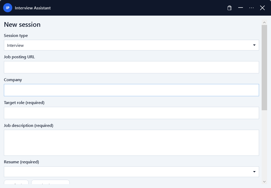 New session form with session type, company, role, and job description