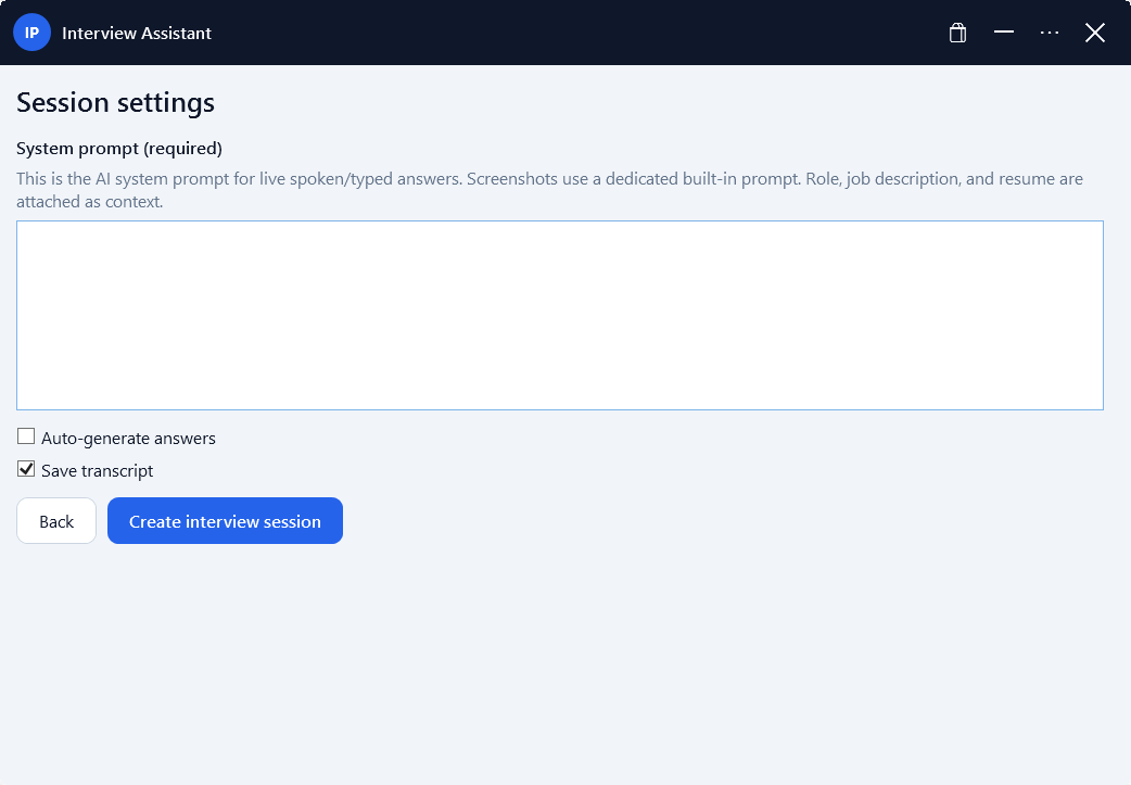 Session settings with system prompt, auto-generate, and save transcript options