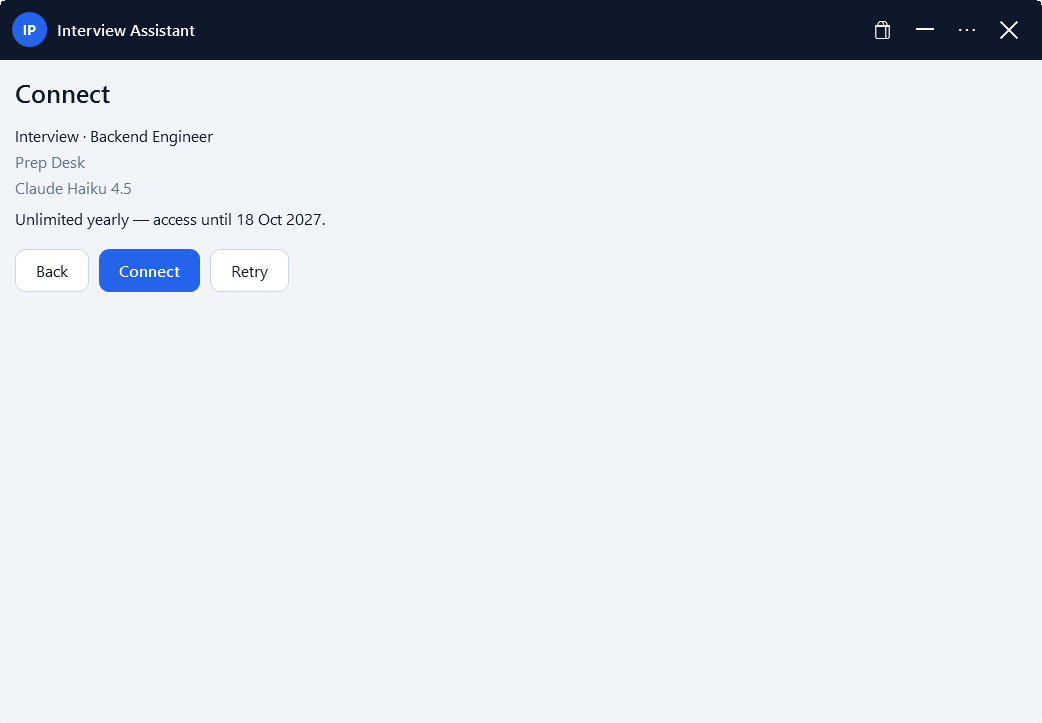 Connect screen summarizing role, company, model, and plan access