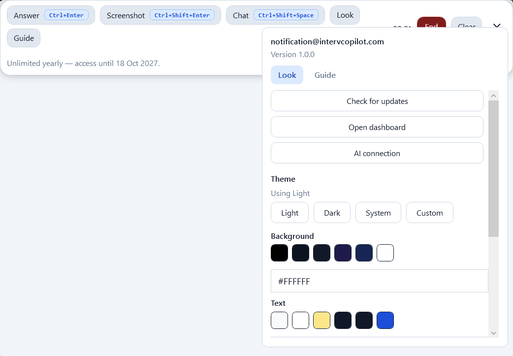 Look panel with theme, background, and text color options during a live session