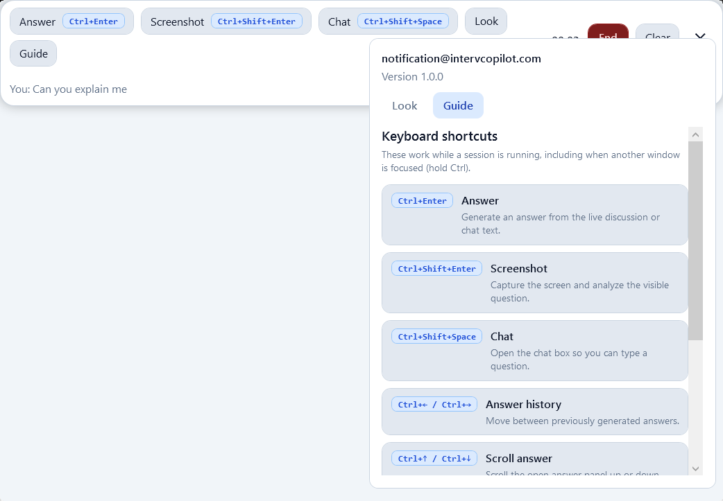 Guide panel listing keyboard shortcuts for Answer, Screenshot, Chat, and more