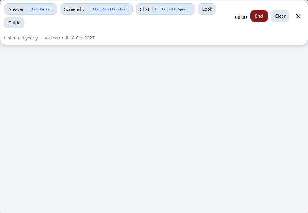 Live session toolbar with Answer, Screenshot, Chat, Look, Guide, timer, and End