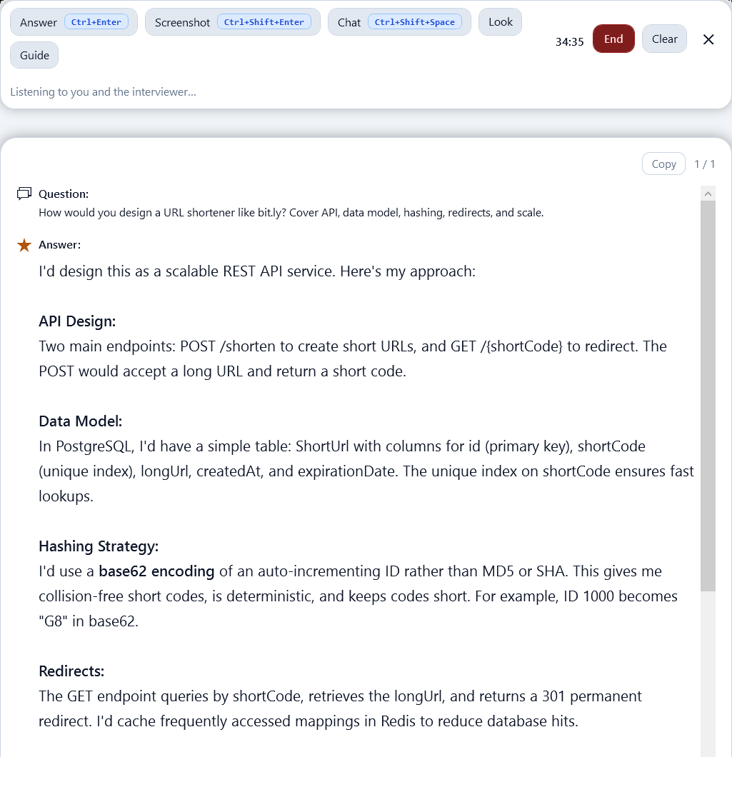 Interview Assistant with a system design question from the live transcript and structured answer, chat closed
